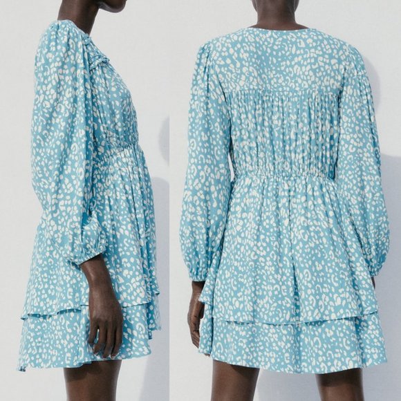 NEW Zara Animal Leopard Print V Neck Layered Ruffle Skirt Cute Mini Dress Blue S - Picture 3 of 10